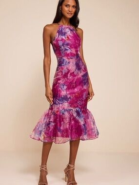 Lulu's Magenta Floral Halter Midi Dress
